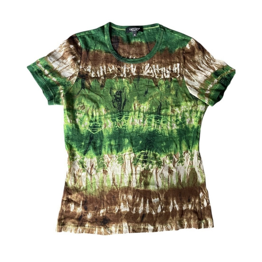 Vintage Y2k Karen Kane Semi Sheer Short Sleeve Nylon Shirt‎ Forest Fairy Tie Dye